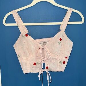 Seven Wonders Pink Eyelet Embroidered Floral Lace Tie Crop Top - Size XS